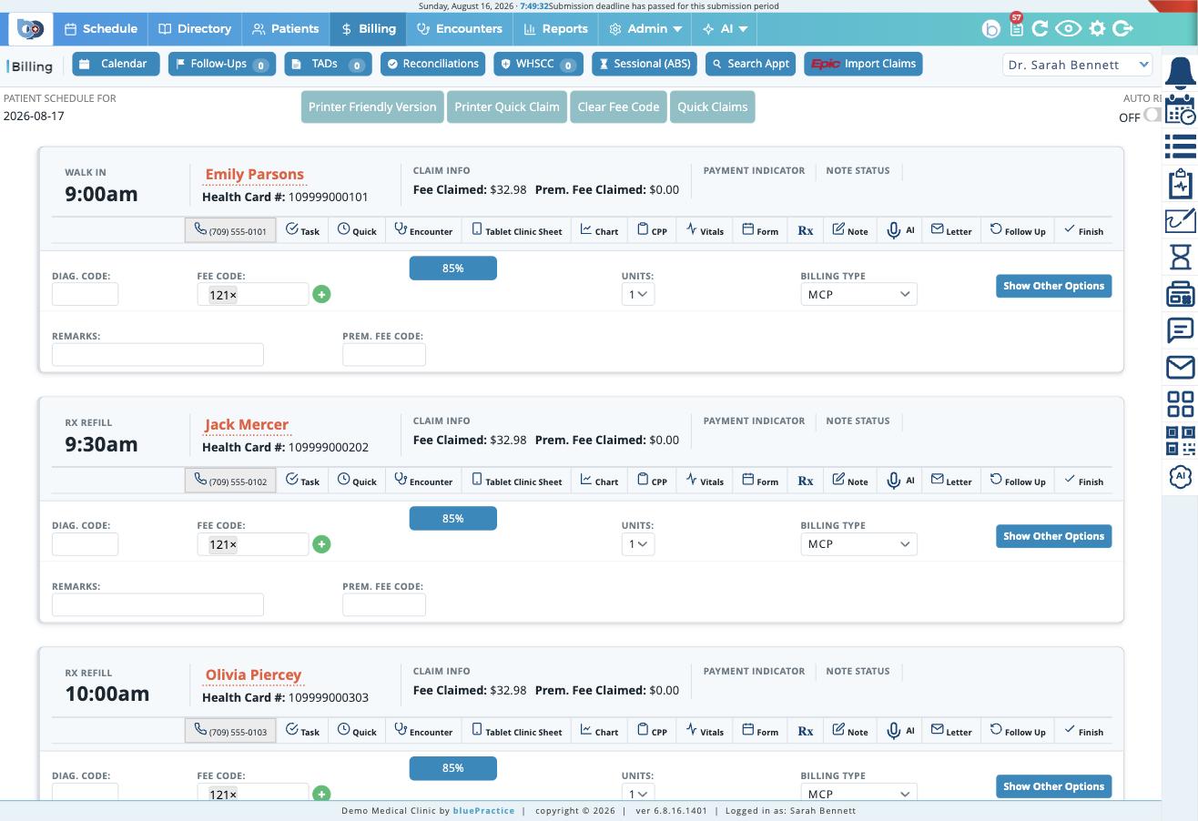 Billing day view with two-click billing