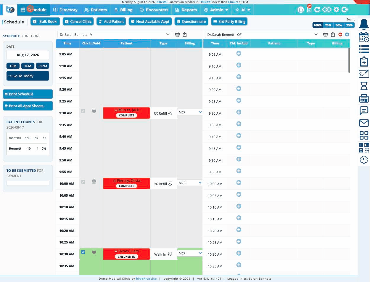 Blue Practice walkthrough: dashboard, schedule and billing